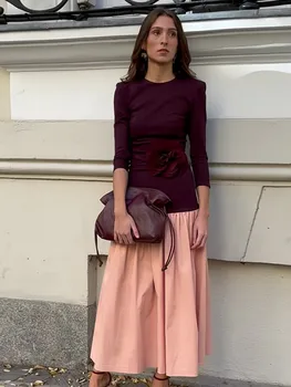 ผู้หญิงElegant Patchwork OคอยาวแขนยาวMaxiชุดแฟชั่นContrastจีบA-Line Robes 2025 ฤดูใบไม้ผลิLady High Streetชุด