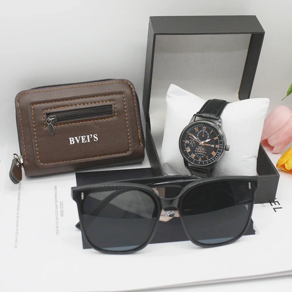 Relógio esportivo casual masculino, carteira de cavalheiro, óculos de sol portáteis para adolescente, esportes ao ar livre, conjunto 3 peças