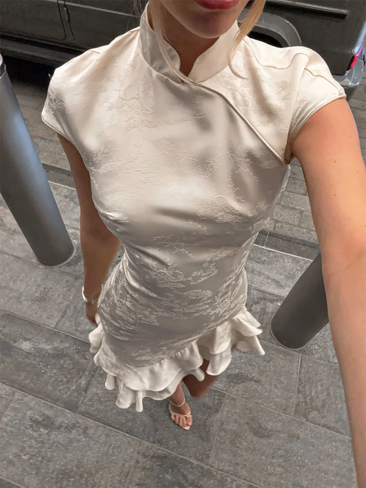 Women's Satin High-Waist Mini Dress with Ruffle Sleeve