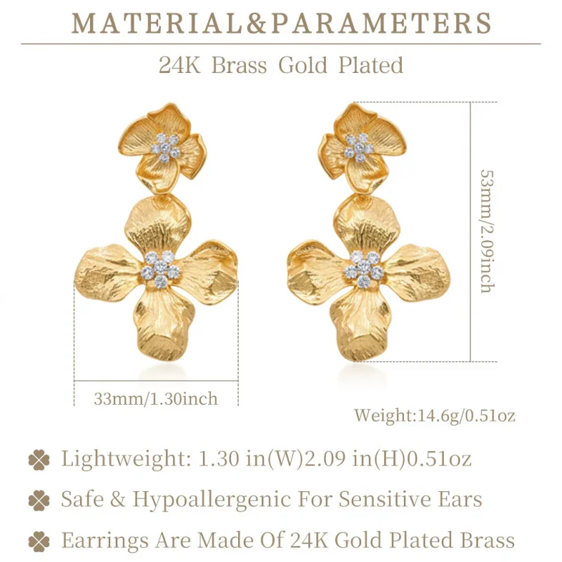 Litheline 24K Gold Plated Brass Double Dogwood Flower Drop Earrings Hand-Brushed CZ Stamen Lead-Nickel-Jewelry for party