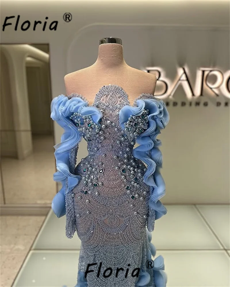 Luxury Blue Bead Mermaid Prom Dresses Dubai Woman Crystal Pearl Heavy Handmade Evening Party Gown Vestido de Noche Customized