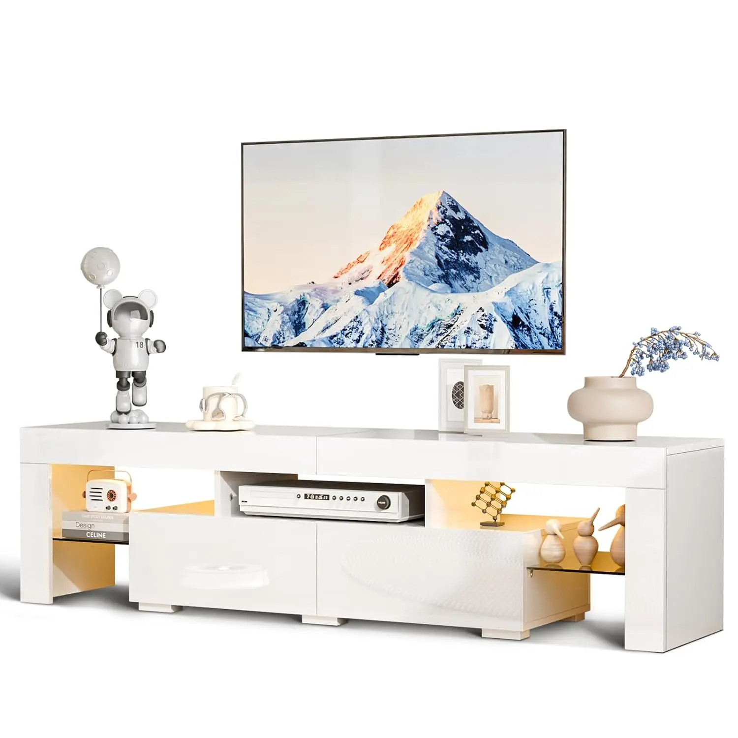 White TV Stand with LED Lights & Storage for 55-70 Inch TVs, High Gloss for Living Room, 63x14x18