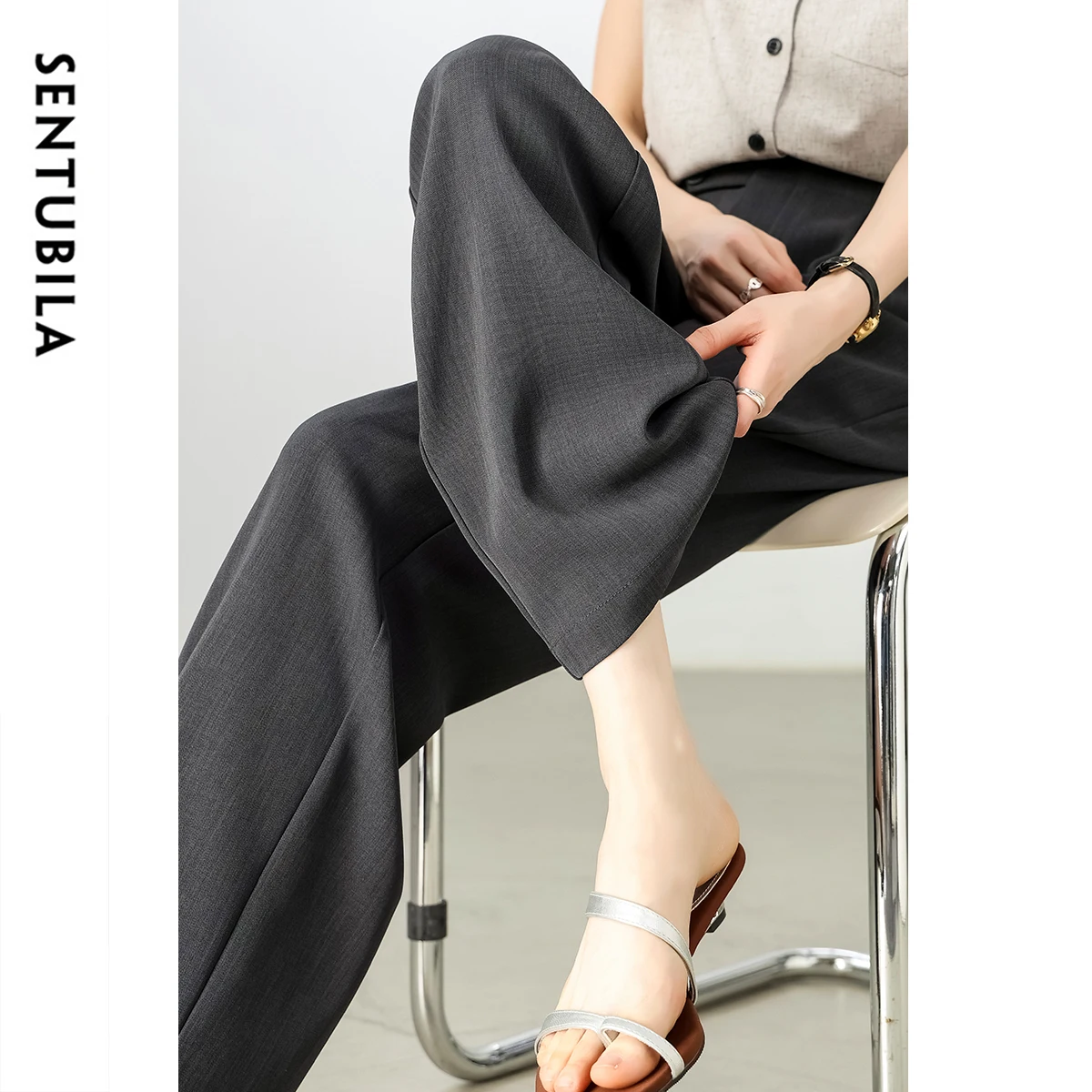 SENTUBILA 女性の夏のテーラードパンツオフィスレディ弾性ウエストズボン 2025 グレーストレートスーツパンツ女性服 152KA0052