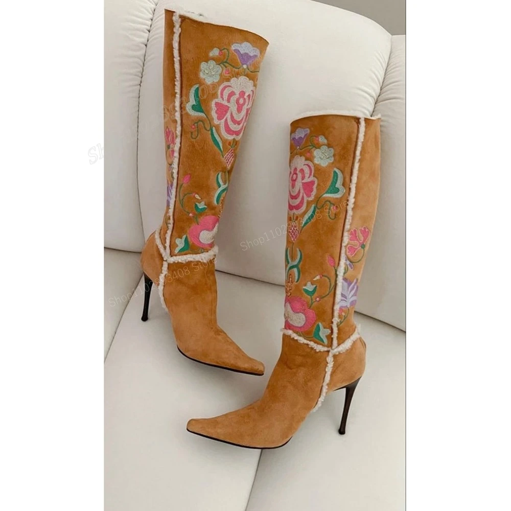 Orange Suede Embroidery Flower Knee High Boots Pointed Toe Stiletto High Heel Fashion Sexy Women Shoes 2024 Zapatos Para Mujere