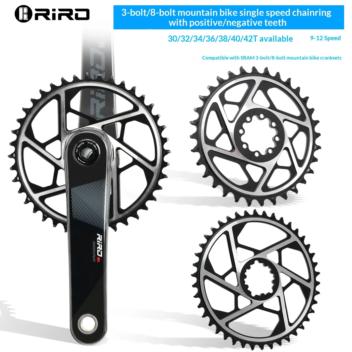 RIRO MTB Kettenblatt 30/32/34/36/38/40/42T 3 Bolzen/8 Bolzen Direktmontage Mountainbike-Kurbelgarnitur 9-12-Gang Breit- und Schmalzahnprofil