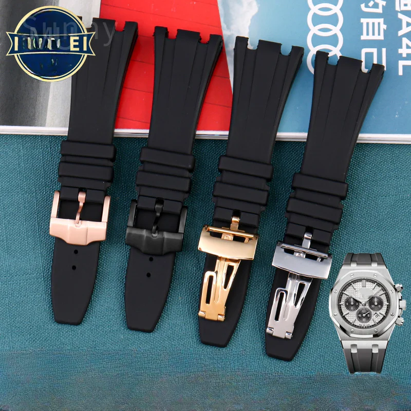 Gelang jam tangan silikon lembut pria untuk AP Royal Oak 15703 seri lepas pantai baja tahan karat lipat gesper Aksesori tali jam 26mm