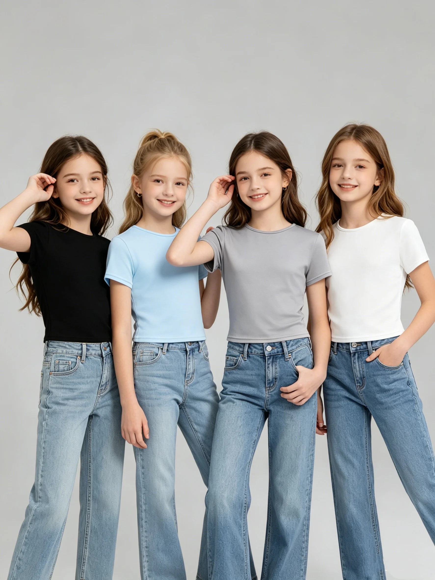 Vierteiliges Set Sommer Mädchen Rundhals Kurzarm Einfarbiges T-Shirt Mode Lässiges Alltags-Oberteil
