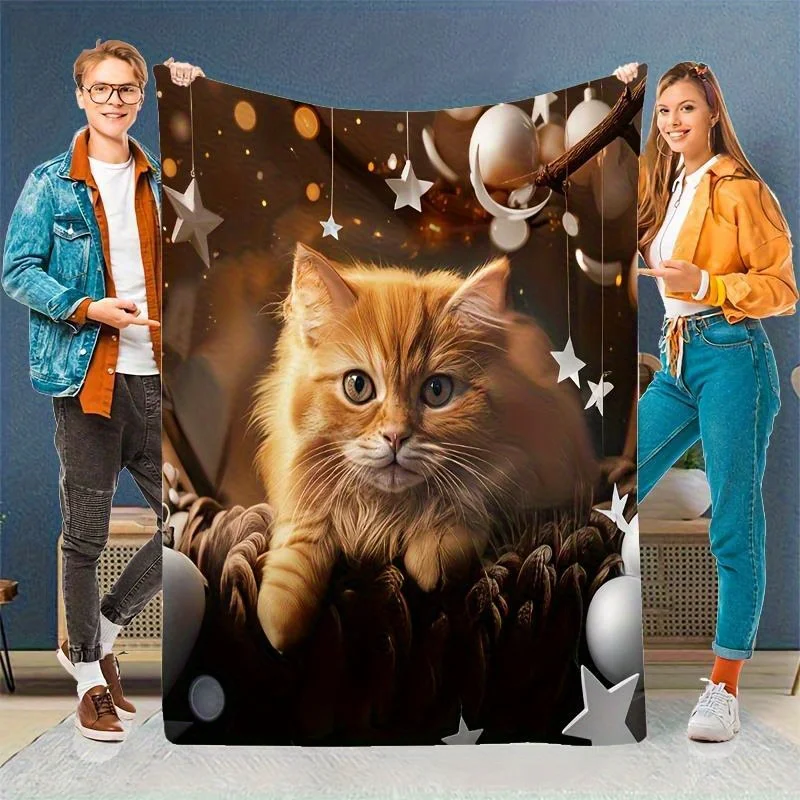 Extra Large Flannel Blanket Soft Warm Throw with Ginger Tabby Cat & Golden Stars, 60x80 Inches - Perfect for Bed, Sofa
