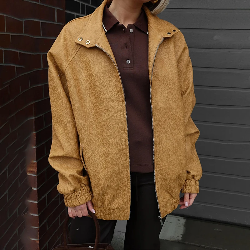 TARUXY Loose Zipper Leather Jacket Women Standing Collar Solid Splicing Long Sleeves PU Leather Coat Autumn High Street Clothing