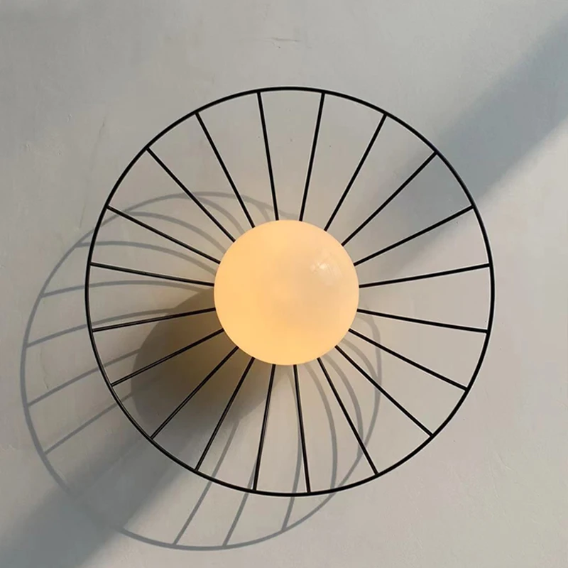 

Wall lamp Bedroom bedside lamp Hallway modern round straw hat lamp