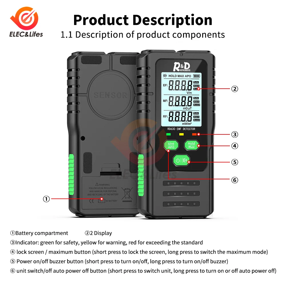 RD630 Electromagnetic Field Radiation Detector Tester EMF Meter Multifunctional Handheld Portable Radio Frequency Warn Meter