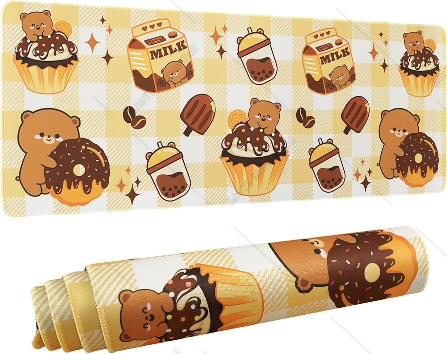 Grande Kawaii Bear Gaming Mouse Pad, Donut de Chocolate, Laranja, Amarelo, XXL, Acessórios de Decoração, 31.5X11.8"