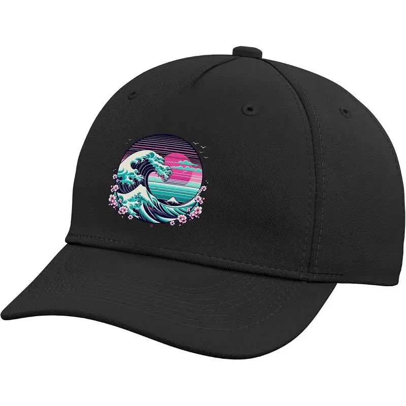 Great Wave Retro Synthwave Japanese Sunset Cherry Blossom Adjustable Baseball Hat