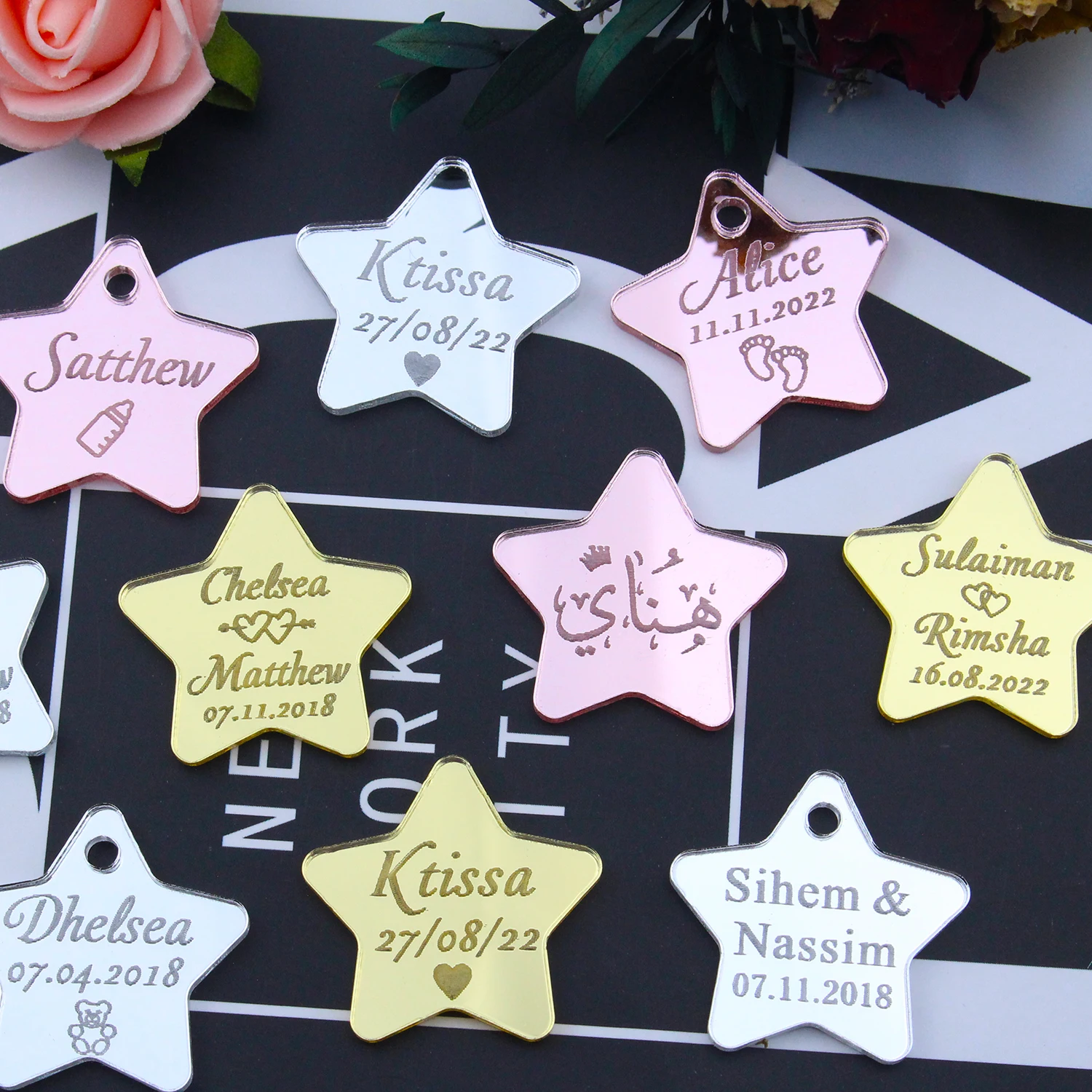 30/50/100pcs Personalized Engraved Gold Acrylic Mirror Star Tag Custom Couple Name Wedding Confetti Baby Shower Party Gift Decor