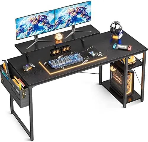 

63 Inch Home Office Computer Desk with Monitor Stand and Reversible 2-Tier Shelves, Modern Laptop Workstation with Splice P2 Gr