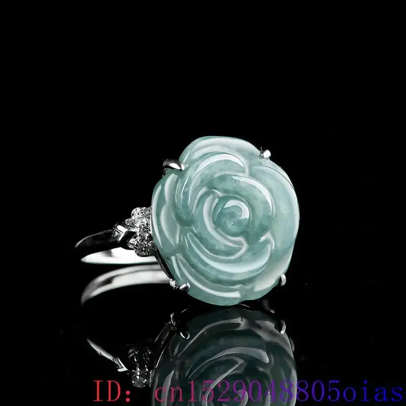 Blauwe Echte Jadeite Rose Sieraden Set Ring Oorbellen Hanger 925 Zilver Natuurlijke Burmese Jade Steen Talismannen