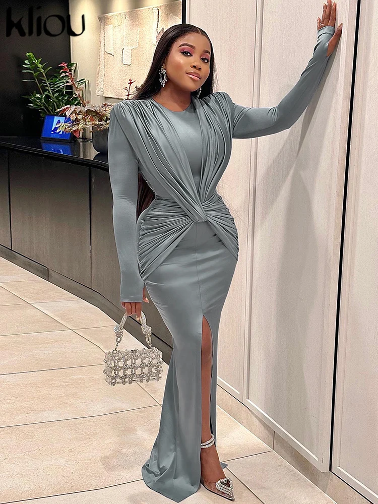 kliou Elegant Solid Maxi Dress Women Classic Cross Ruched Long Sleeve Split Body-shaping Robe Female High Street Party Vestidos