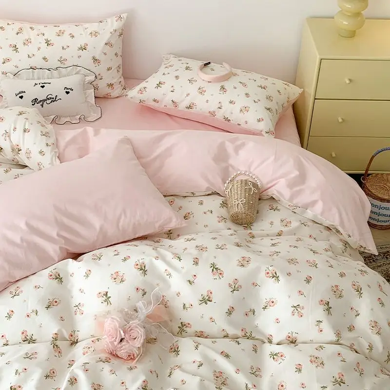 

Ins Pink Flowers Bedding Set Flat Bed Sheet Pillowcases Twin Full Queen Size Bed Linen Women Girls Floral Duvet Cover No Filling