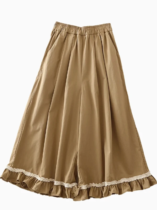 芸術的なプリーツワイドレッグパンツ レディース コットン 花柄プリント カジュアルパンツ ミッドハイウエスト エラスティック コットンリネン