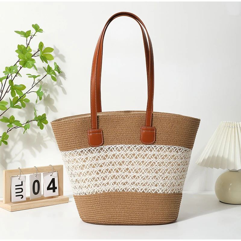 

Summer Woven Beach Bag Fashion Striped Contrastcolor Handbag Versatile Large Capacity Totebag Leisure Vacation Travel Storagebag