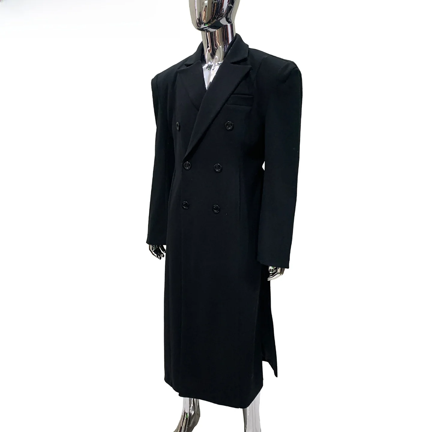 Nerazzurri Men's Long Woolen Coat Shoulder Pads Side Slit Waist-Cinching Slimming Black Fashion Urban Style Double-Breasted