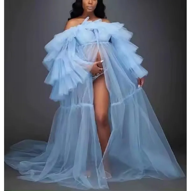 Tulle Evening Dresses For Pregnant Woman Side Ruffles | tulle dress gown robe maternity baby shower photo shoot Prom Gowns