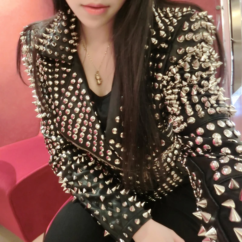 Full Rivet PunK Rock Music Festival Stage Show Full Metal Sequined Motobike Industrial Heavy Leather Jacket Cool Chic นักร้อง