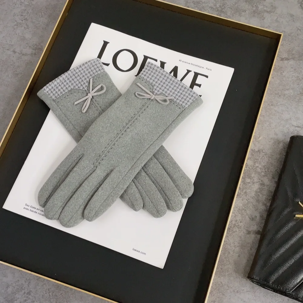 Winter houndstooth Gloves Warm Touch Screen Gloves Women Cold Protection Full Finger Mittens Outdoor Cycling Thick Woolen Glove