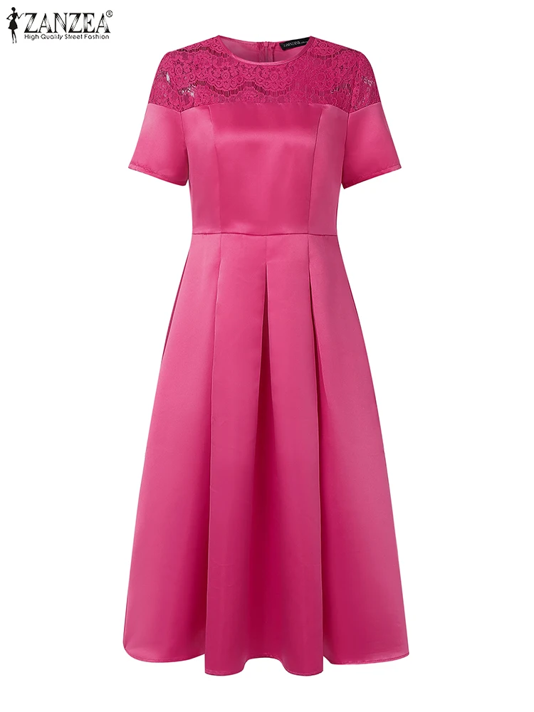 ZANZEA moda encaje Patchwork A-Line Vestidos mujer elegante cuello redondo manga corta cintura alta Midi batas plisadas Vestidos de fiesta