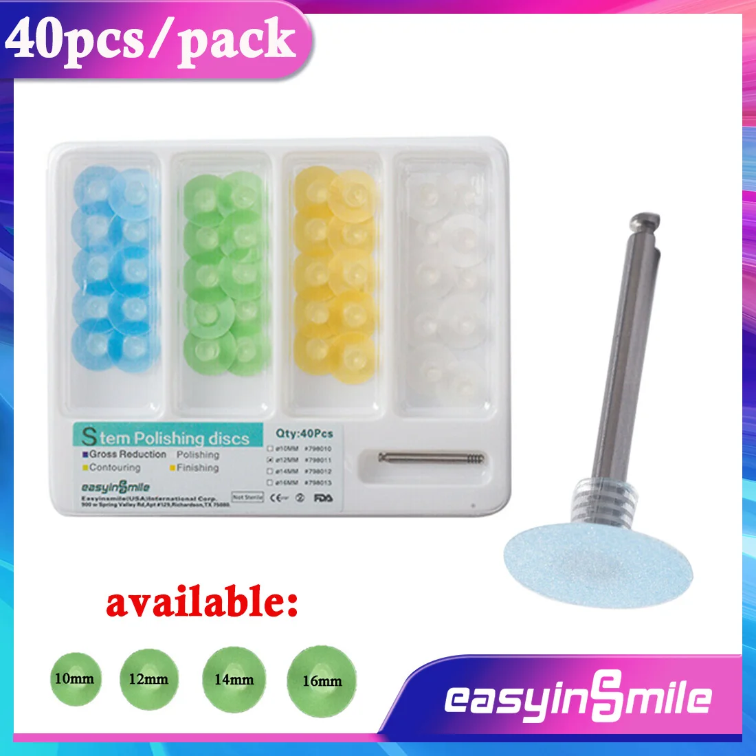 EASYINSMILE Dental Composite Finishing Polishing Disc Stem Assorted Kit 40 Pcs 10/12/14/16mm & Metal Mandrel