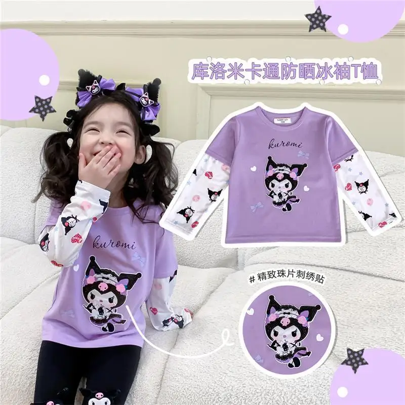 Anime Sanrios My Melody Kuromi Cartoon Long Sleeve Cotton T-Shirt Kawaii Cinnamoroll Girls Fashion Sunscreen Ice Sleeve Tops New