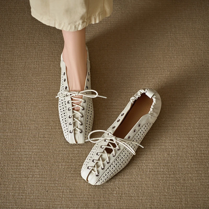 

NEW Summer/Autumn Women Pumps Genuine Leather Shoes for Women Square Toe Low Heel Shoes Casual Soft Lace-up Weave Hollow Shoes