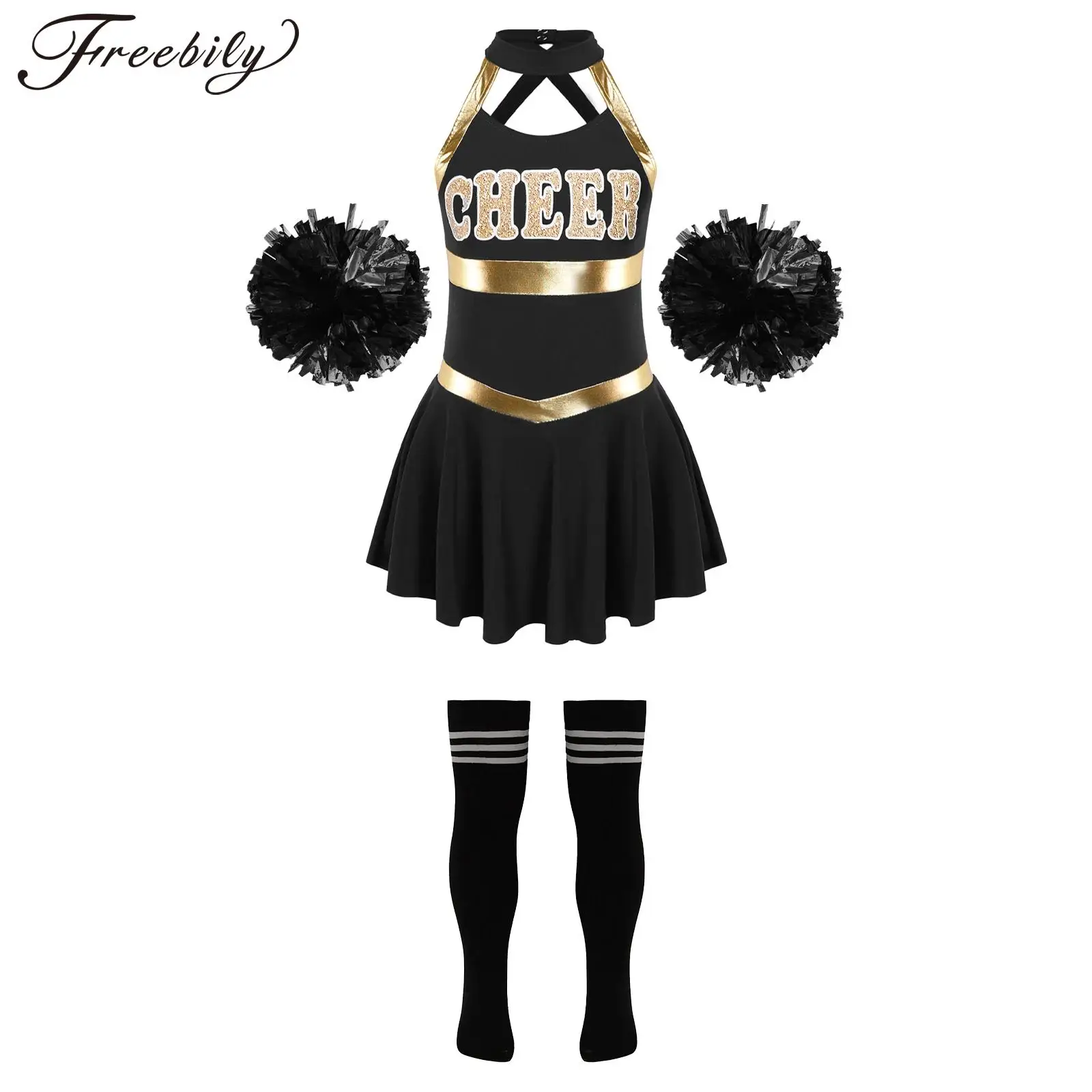 

Kids Girls Cheerleading Dance Outfits Sleeveless Dress with Flower Balls Striped Socks for School Sports Meeting Cosplay Party