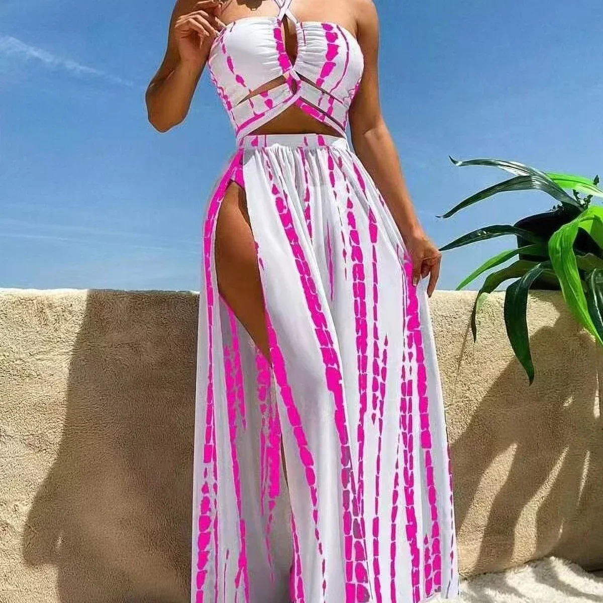 Vela Vikinis Conjunto de bikini sexy azul de 3 piezas con sujetador acolchado, pantalones y falda a rayas de cintura alta, traje de baño para mujer 2025