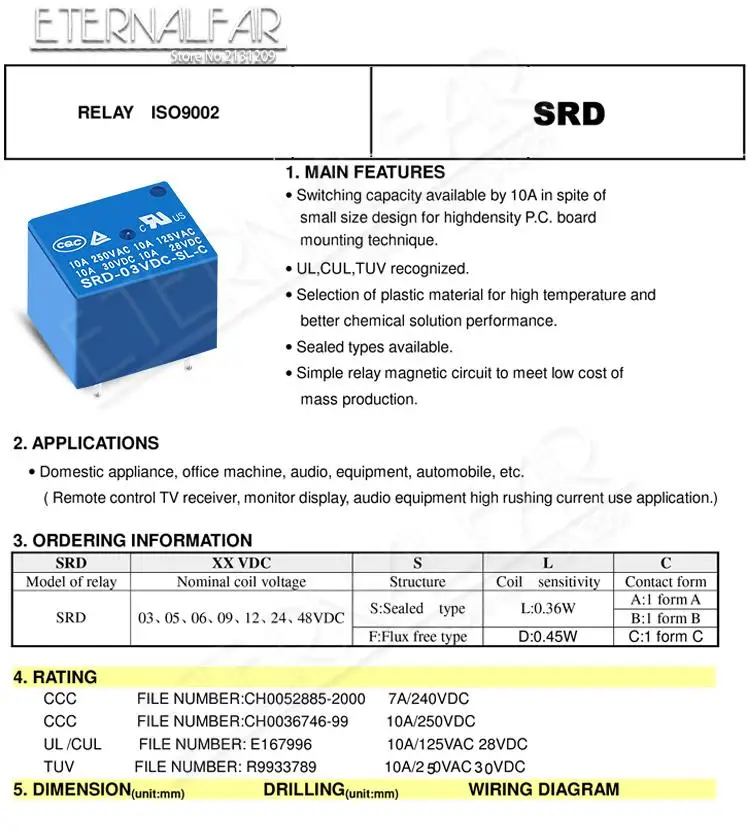 12VDC-SL-A Time Relays SRD-05VDC-SL-C 5V 6V 9V 12V 24V 48V DC 10A 125V 250V AC SPDT NO Typc A 4PIN SPDT B-M Typc C 5PIN PCB T73