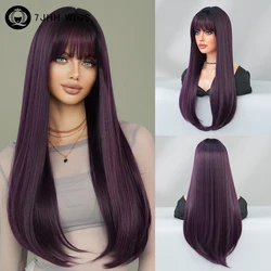 7JHH WIGS Long Straight Purple Wigs for Women Daily Cosplay High Density Synthetic Layered Hair Wig with Neat Bangs Brunette Wig
