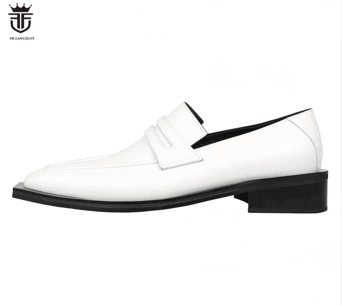 FR.LANCELOT new men white Leather dress Shoes Square Toe Men Business shoes thick heel Man wedding party shoes