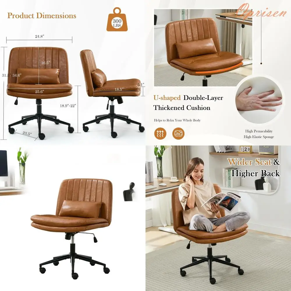 Wheeled Cross-Legged Office Chair with Thick Cushion, Adjustable Swivel, Mid-Back Design for Comfortable Home and Office Use (PU