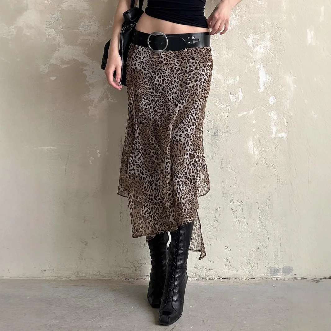 

2025 New Women's American Street Holiday Style High Waist Leopard Print Irregular Gauze Skirt Spice Girl Slim Dress