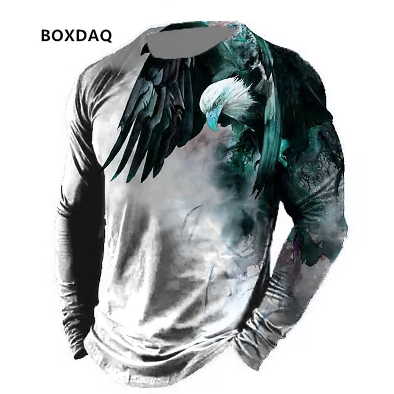 Eagle Pattern Men\'s Fashion T-Shirts Spring Autumn Long Sleeve 3d Animal Print Street Hip Hop Male Tees 6XL Big Size Casual Tops