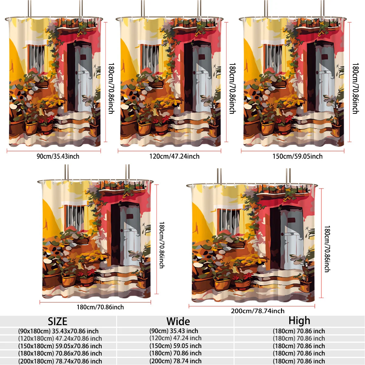 Mediterranean Courtyard House Shower Curtain Polyester Digital Printing Colorful Art Painting Style Village Home Front Door