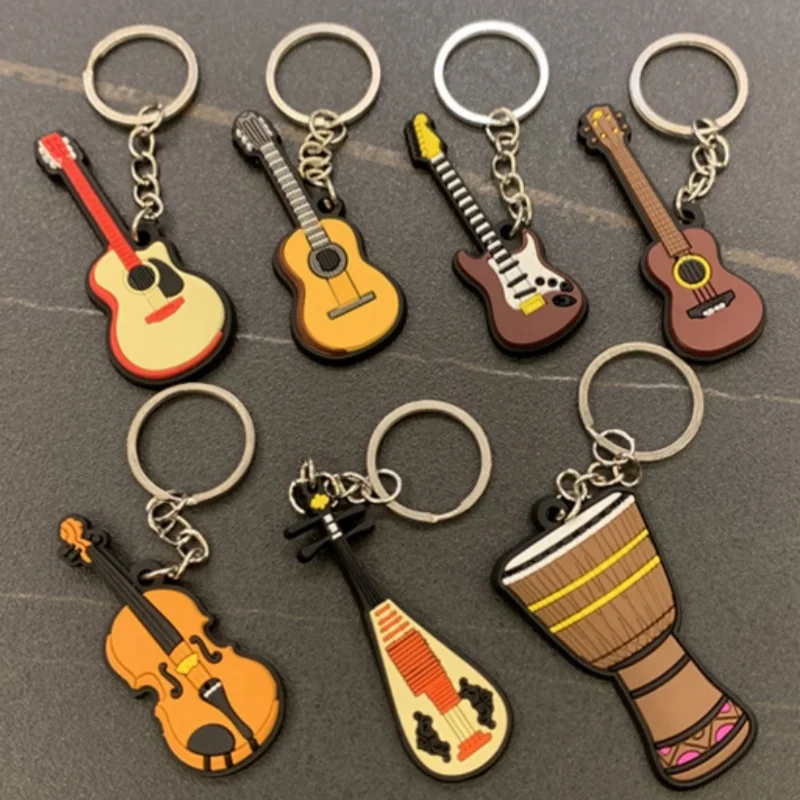 New 2Pcs Musical Instrument Keychain PVC Soft Glue Guitar Ukulele Violin Clarinet Key Chain Creative Cartoon Music Lover Gift