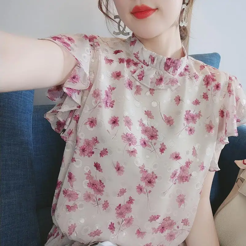 Blusas elegantes para mujer, camisa rosa de manga corta con cuello redondo, estampado Floral, retales, Tops informales elegantes 2023