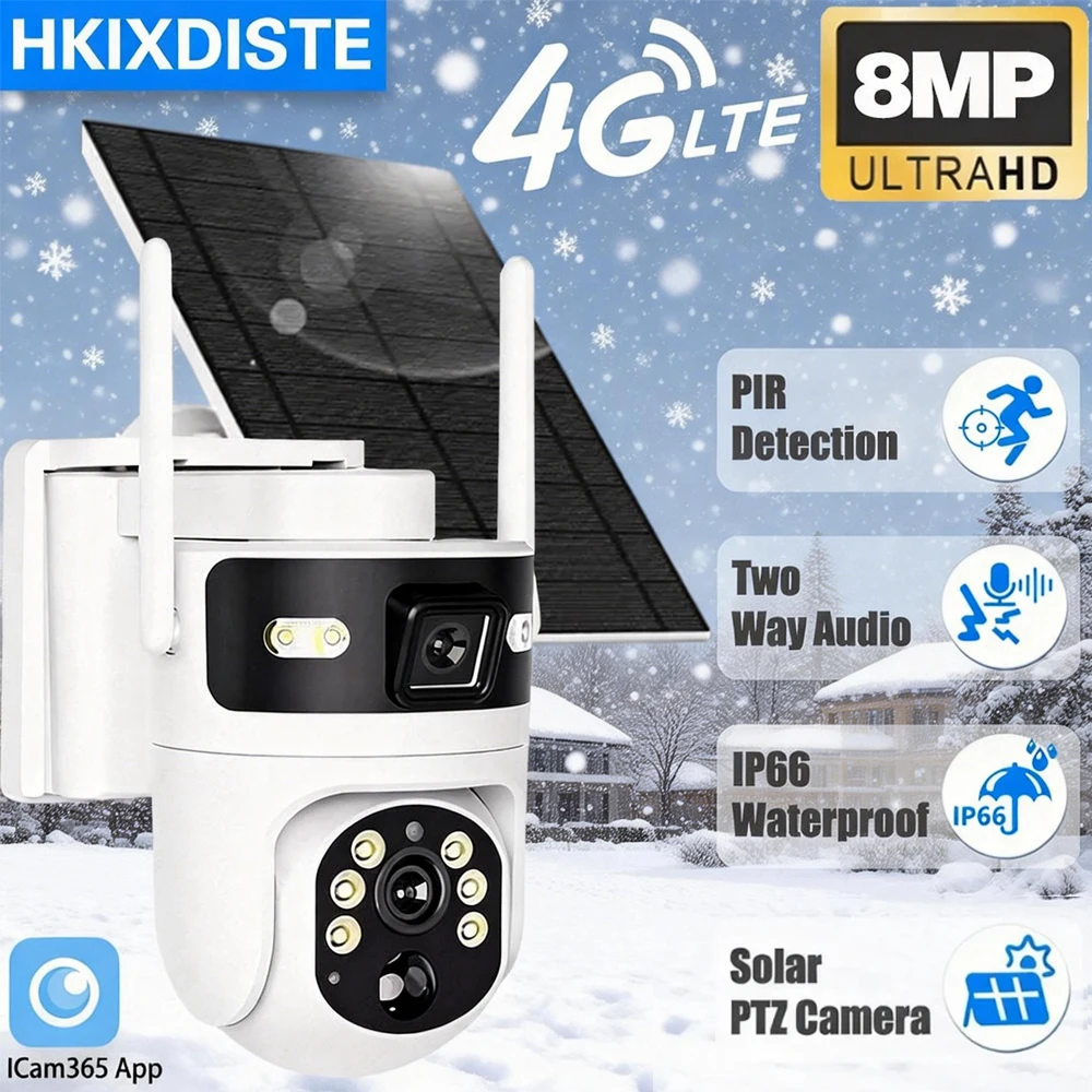 

8МП 4K 4G PTZ-камера ICam365 на солнечной батарее с поворотом на 360° ° Уличная поворотная IP-камера видеонаблюдения с аккумулятором и солнечной батареей, с прожектором