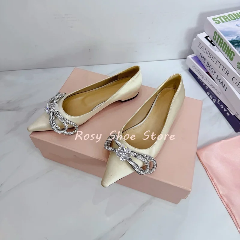 

Intricate Rhinestone Bow Decor Concise Pointed Toe Design Single Shoes Imported Silk Fabric Elegant Women's Versatile Flats