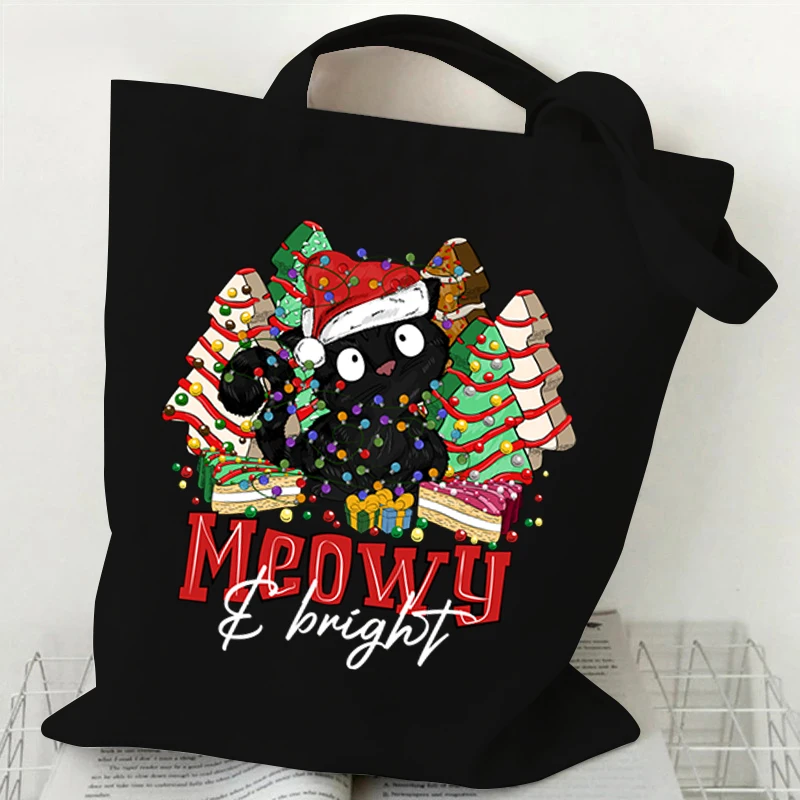 Christmas Santa Cat Women Shoulder Bag Harajuku Shopper Shopping Bag Ladies Reusable Large Capacity Handbag Casual Tote Bags