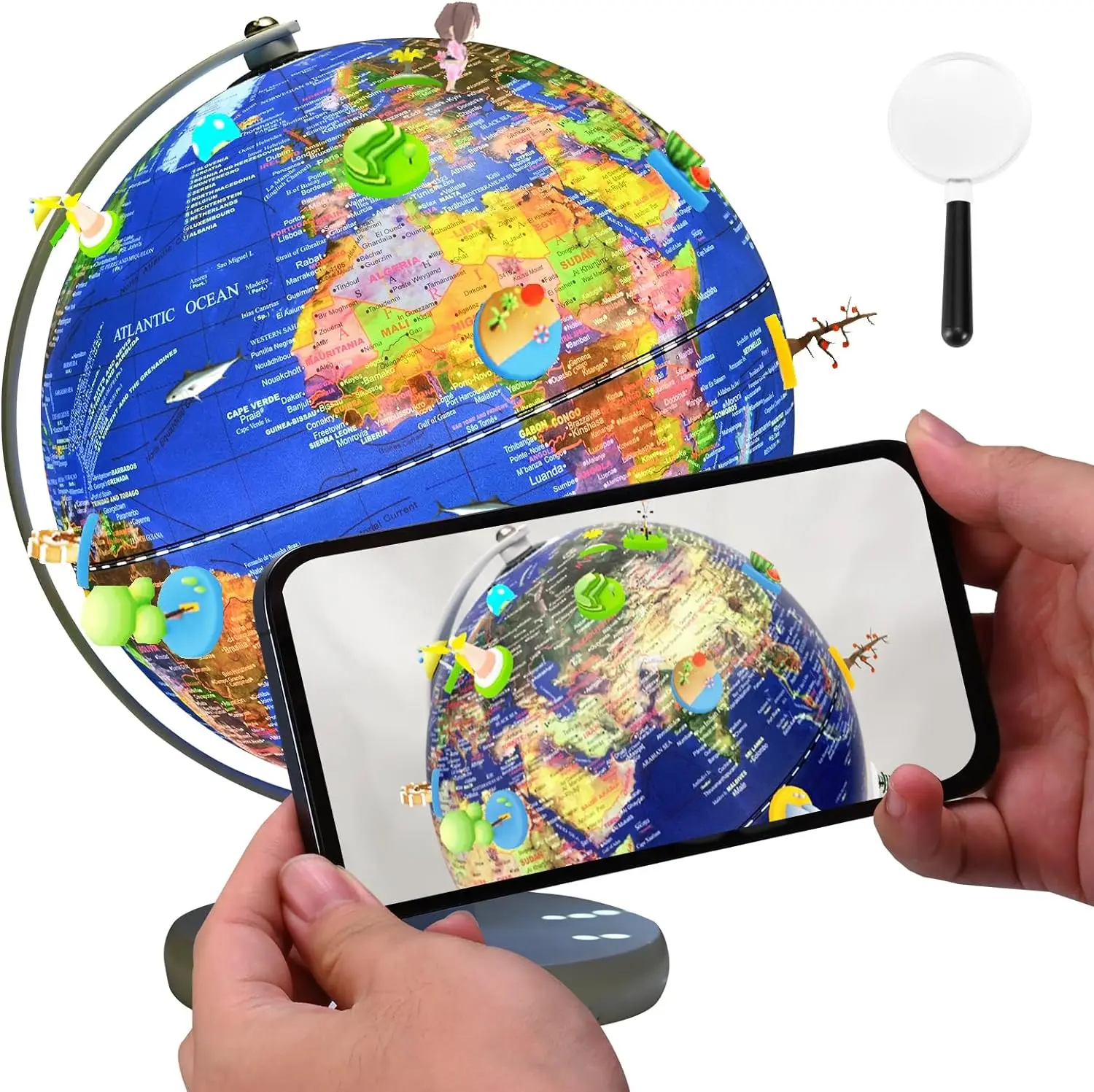 AR Interactive Earth Globe 20 cm, English Map Globe World Map with LED Light, Touch Screen Control, USB Charging