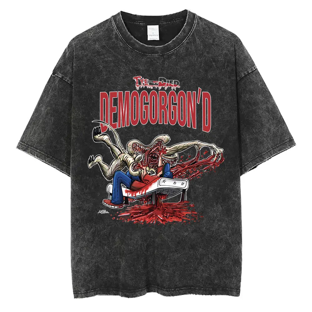 Washed Vintage Eddie Munson Graphic T-shirts Demogorgon Cannibal Flower Monster Tshirt Men Crewneck Oversized T Shirt Streetwear