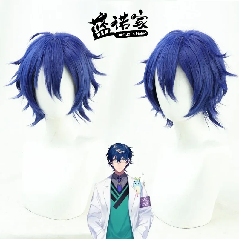 Pelo sintético Leos Vincent Cosplay pelucas Anime Virtual YouTuber Leos Vincent 30cm corto azul oscuro hombres peluca resistente al calor