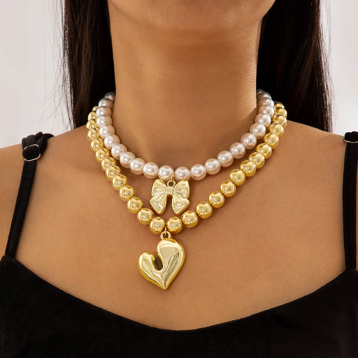 Tocona2024 New Fashion Big Round Bead Donna a due piani Colore oro Love Heart Bowknot Collana regolabile Accessori per gioielli